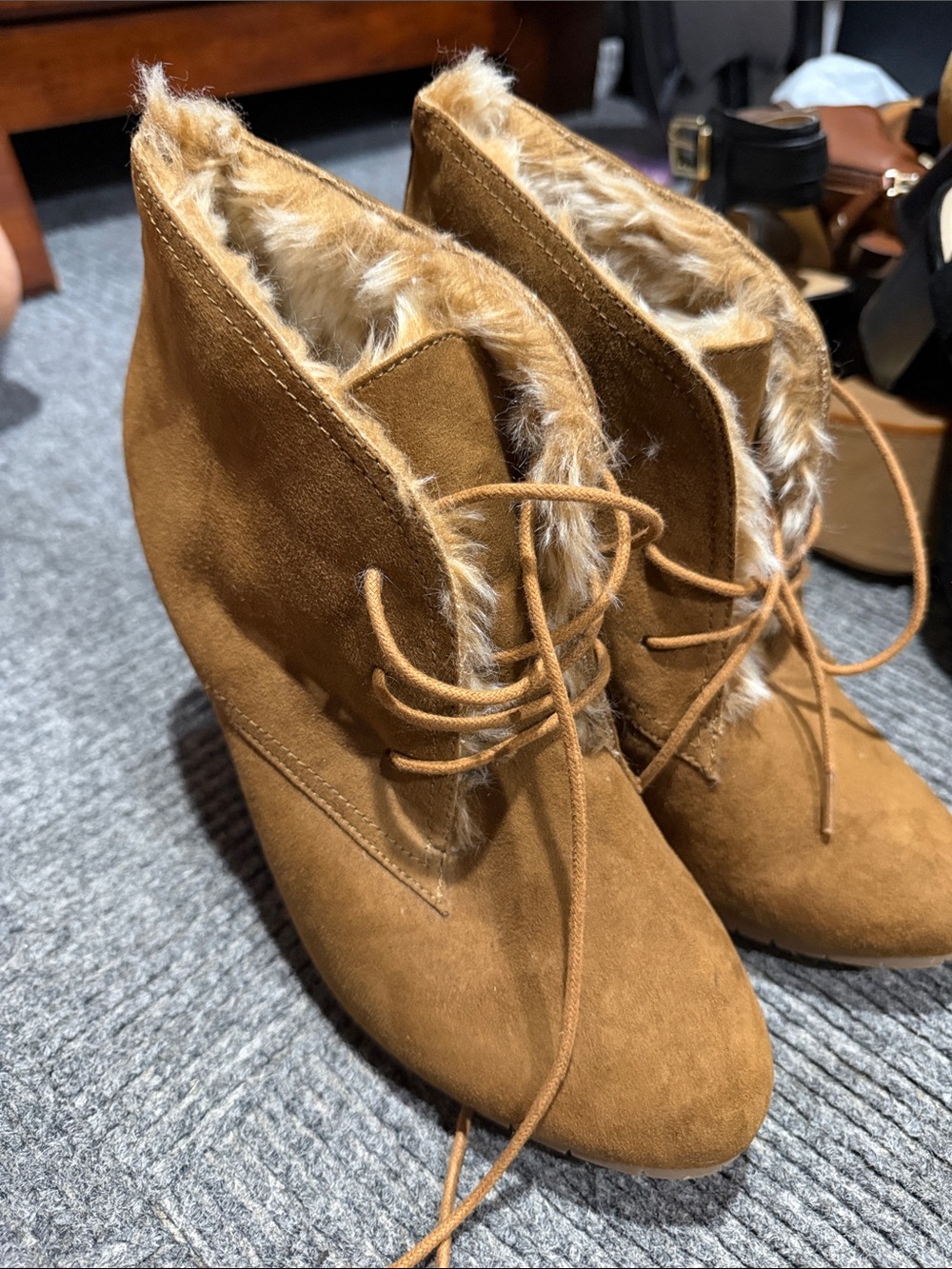 Leila Stone Faux-Fur Trim Suede Ankle Boots in Tan